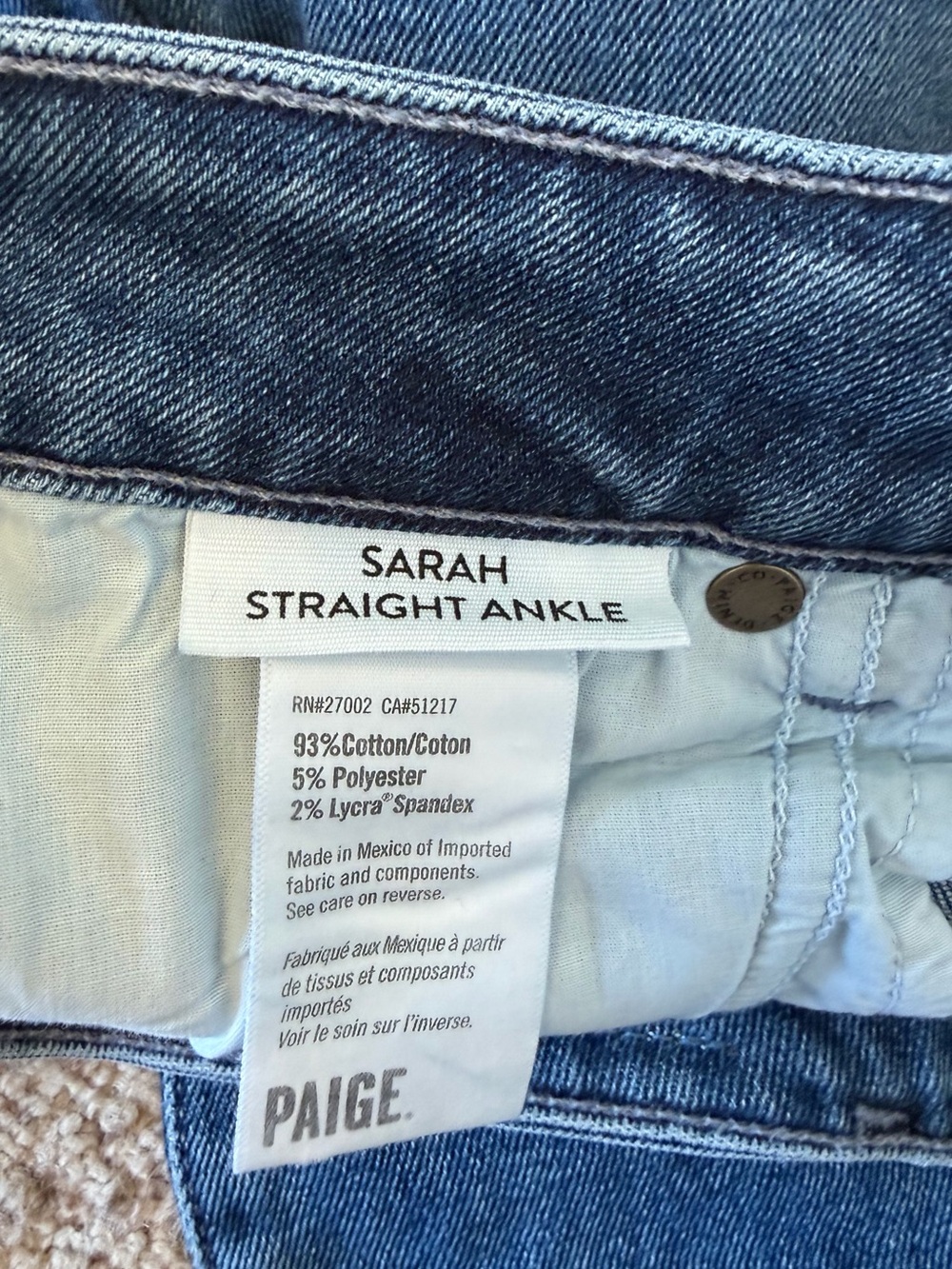 PAIGE Sarah Straight Leg Stretch Denim Jeans, Classic Blue, Size 26 - Picture 13 of 13